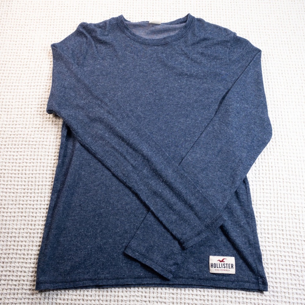 Hollister Mens Long Sleeve Waffle Knit Thermal Shirt Navy Blue Logo Patch Large